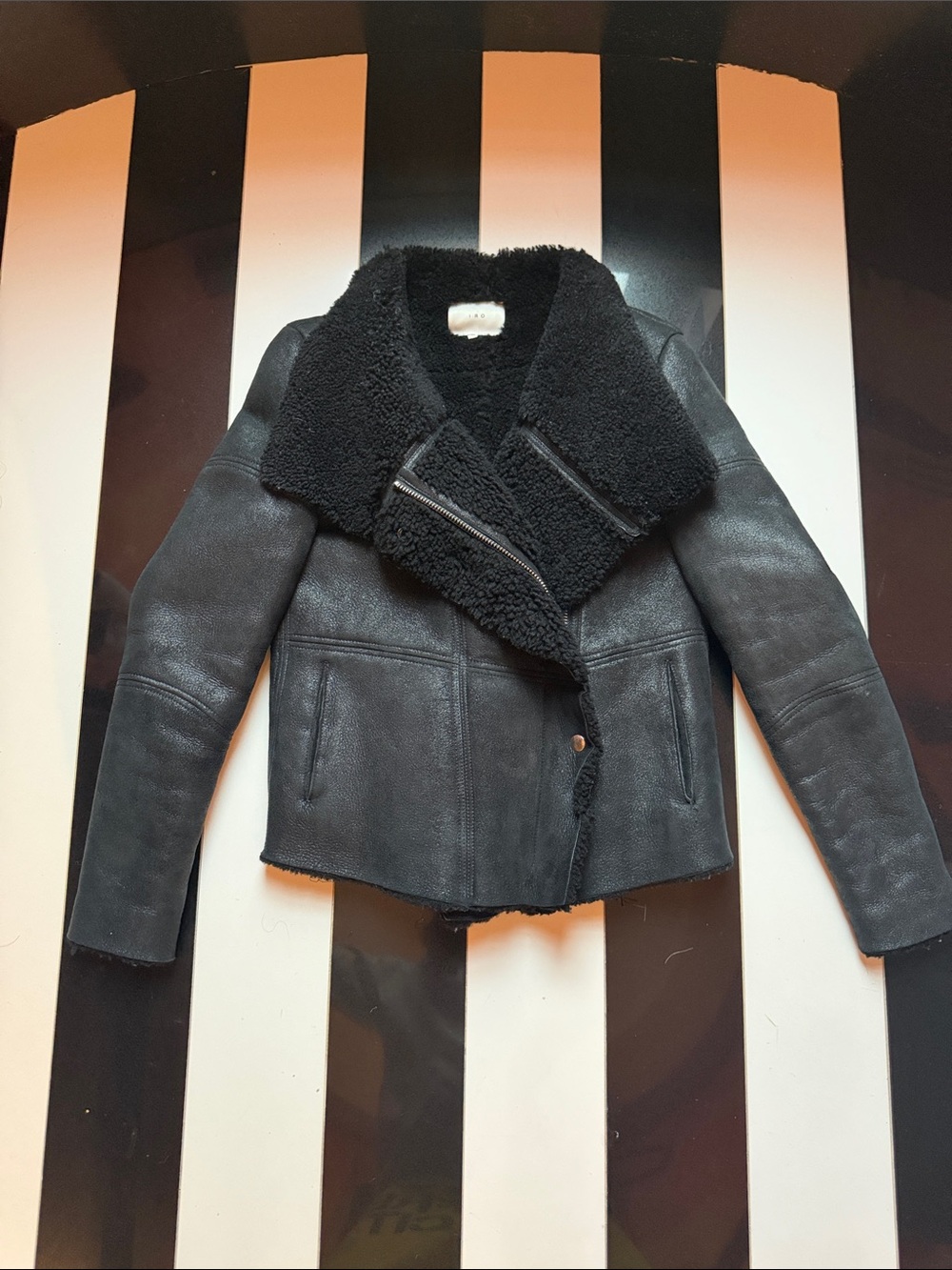 IRO Black Shearling-Trim Leather Biker Jacket
